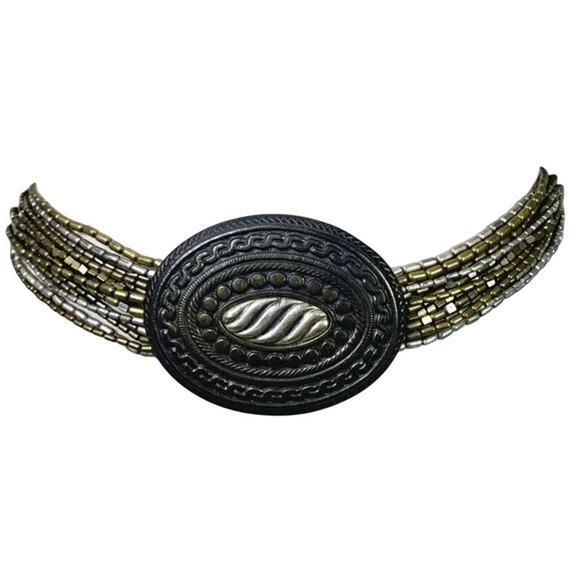 Chico's Womens Beaded Belt One Size Beaded Strands Chain Metal Oval Medallion - Picture 1 of 5